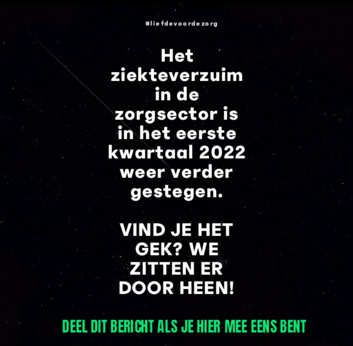 Het ziekteverzuim in de zorgsector is in het eerste kwartaal 2022 weer verder gestegen. 

VIND JE HET GEK? WE ZITTEN ER DOOR HEEN! 

🤯 Enorme werkdruk
🤯 Veel te weinig innovatieve hulpmiddelen
🤯 Veel te weinig personeel

⛔ En dan krijgen we ook nog onderbetaald!

EENS? RT!