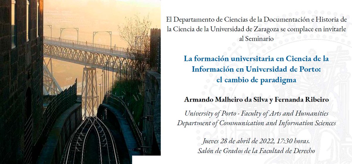 FacultadFiloZgz's tweet photo. 📣El Dpto. de Ciencias de la Documentación e Historia de la Ciencia celebra el Seminario "La formación universitaria en Ciencia de la Información en la Universidade do Porto: el cambio de paradigma."
🏦Salón de Grados de la Facultad de Derecho.
📆28 de abril . 17:30h https://t.co/TuZIB443I9