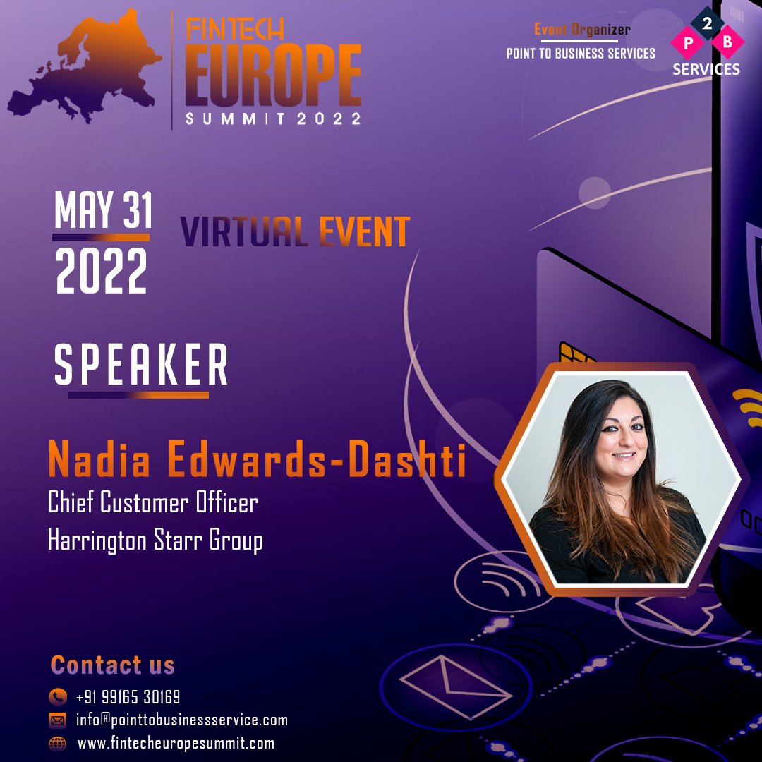 Point2Business's tweet photo. 📣 We are delighted to welcome Nadia Edwards-Dashti, Chief Customer Officer of Harrington Starr Group, who will join us as a Speaker at the upcoming Virtual Event Fintech Europe Summit 2022.
📮 Get your free pass here: https://t.co/VCE3QKgcyZ
#fintecheurope #fintecheurope2022 https://t.co/kWmg3vxAa1