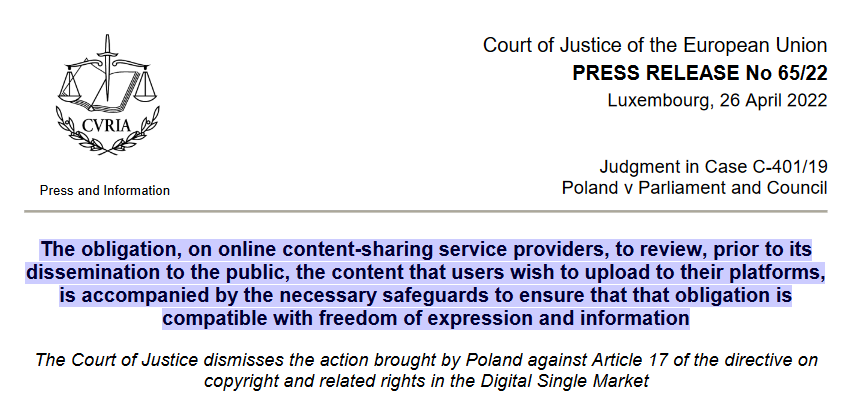 Very good news: #Article17 of the #CopyrightDirective is valid, decides EU Court of Justice. 🧑‍⚖️

👉 curia.europa.eu/jcms/upload/do…