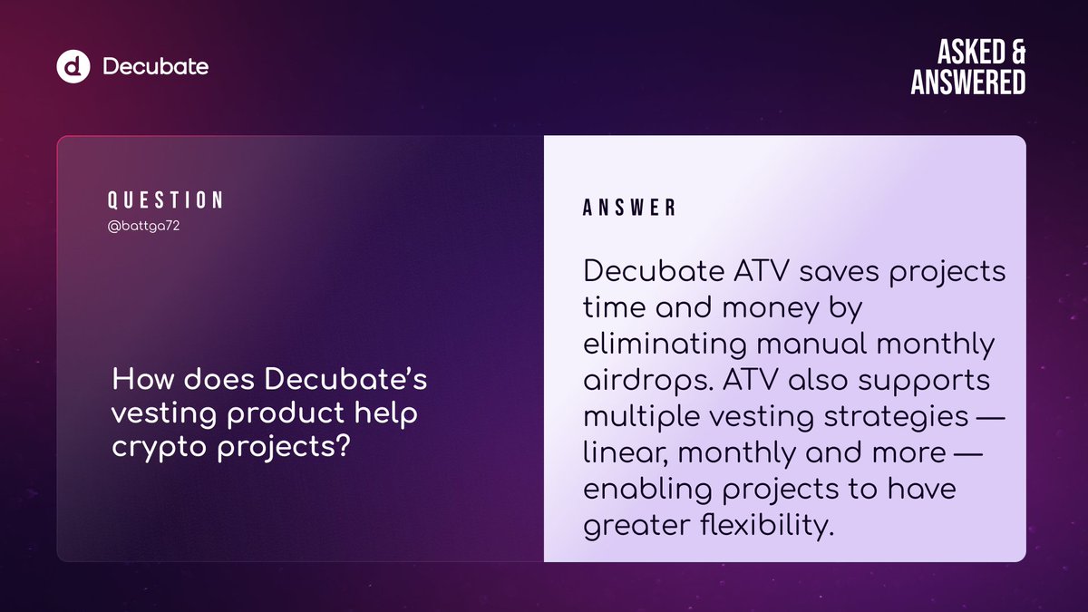 decubate's tweet photo. Asking great questions about #Decubate is rewarding!

This week’s Asked &amp; Answered winner is @battga72🏆

Participate in our weekly A&amp;A:
✅ RT and tag 3 friends 
🐦 Follow @Decubate
💬 Join TG: https://t.co/B3L3pBt974
🙋 Comment your questions
🪙 1000 DCB reward https://t.co/INYygO2NOL