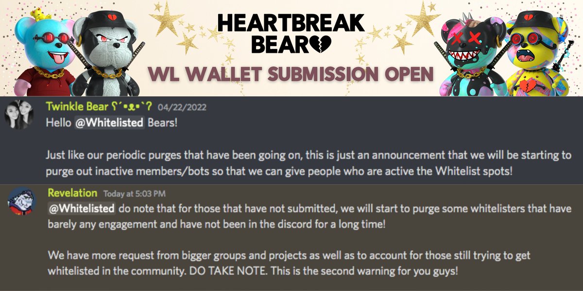 Heartbreak_bear's tweet image. Whitelist Wallet Collection is OPEN!

For those who are Whitelisted, PLEASE SUBMIT YOUR WALLET, we will be setting a cut off date &amp;amp; if you do not submit by then, your Whitelist role will be removed😰

Stay active to avoid being purged too!
More details in Discord Announcements!