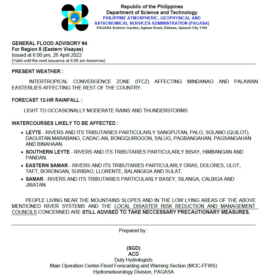 dost_pagasa's tweet photo. General Flood Advisories (GFAs)  - 1/2
Issued @ 6:00 PM, 26 April 2022

Region 4B (MIMAROPA) - #GFA1
Region 8 (Eastern Visayas) - #GFA4 https://t.co/DQuEvoAyOh