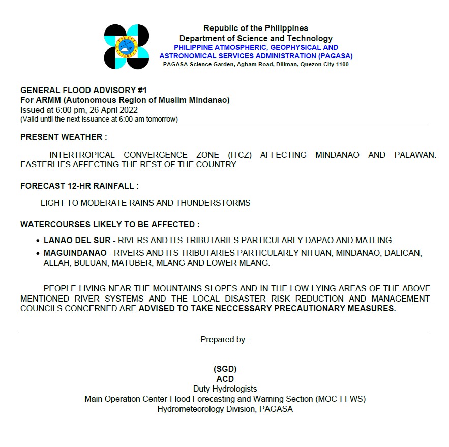 dost_pagasa's tweet photo. General Flood Advisories (GFAs) - 2/2
Issued @ 6:00 PM, 26 April 2022
Region 9 (Zamboanga Peninsula) - #GFA2
Region 10 (Northern Mindanao) -#GFA1
Region 13 (CARAGA) - #GFA2
BARMM - #GFA1 https://t.co/PxPApgJg5E