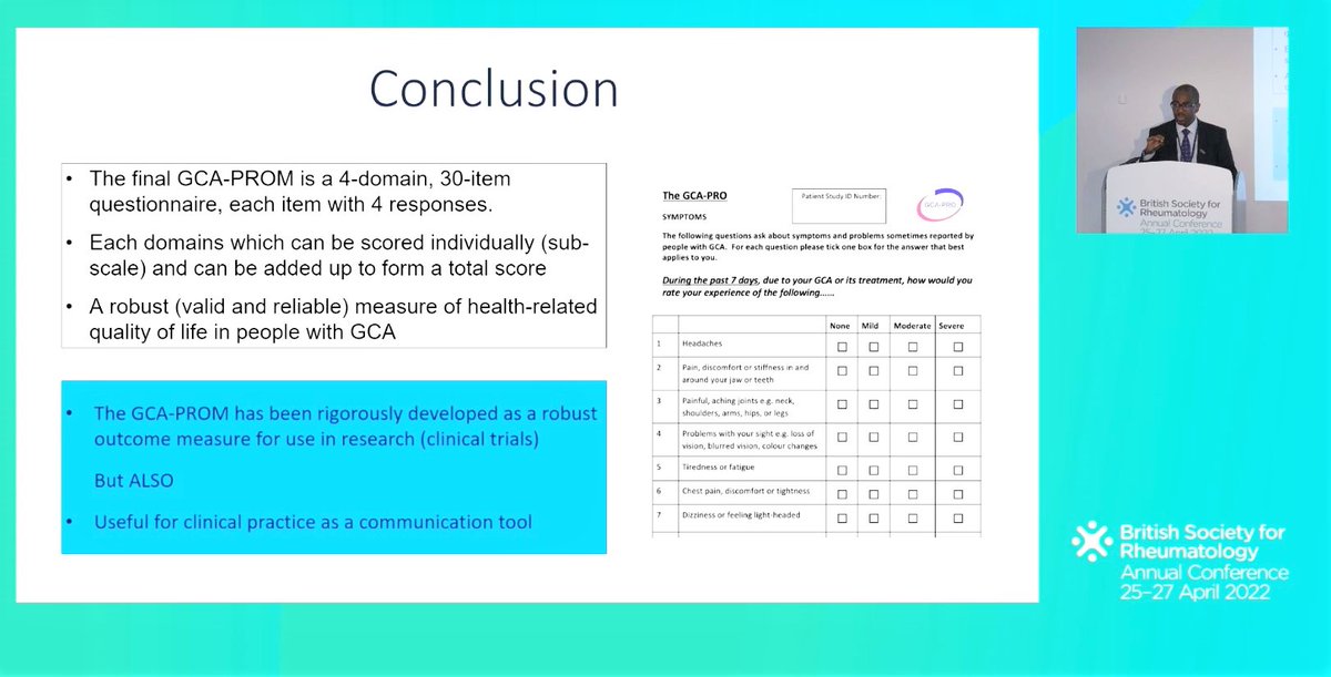sgbridgewater's tweet photo. Mwidimi Ndosi @ndosie presenting the final results of the GCA-PROM cross-sectional validation study at #BSR22 - a way to measure health-related quality of life in people with Giant Cell Arteritis #GCA #PROM https://t.co/6514nIkzu4