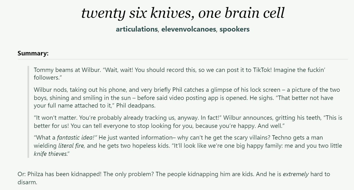articullatory's tweet photo. twenty six knives, one brain cell !

written by @spoooklys, @elevenvolcanoes and i! a super hero au where philza has been kidnapped by two.... "supervillians". they have a lot of trouble disarming him and his knife collection !! 

g, no warnings, complete!! 

link in comments :D https://t.co/TznXNSI0vl