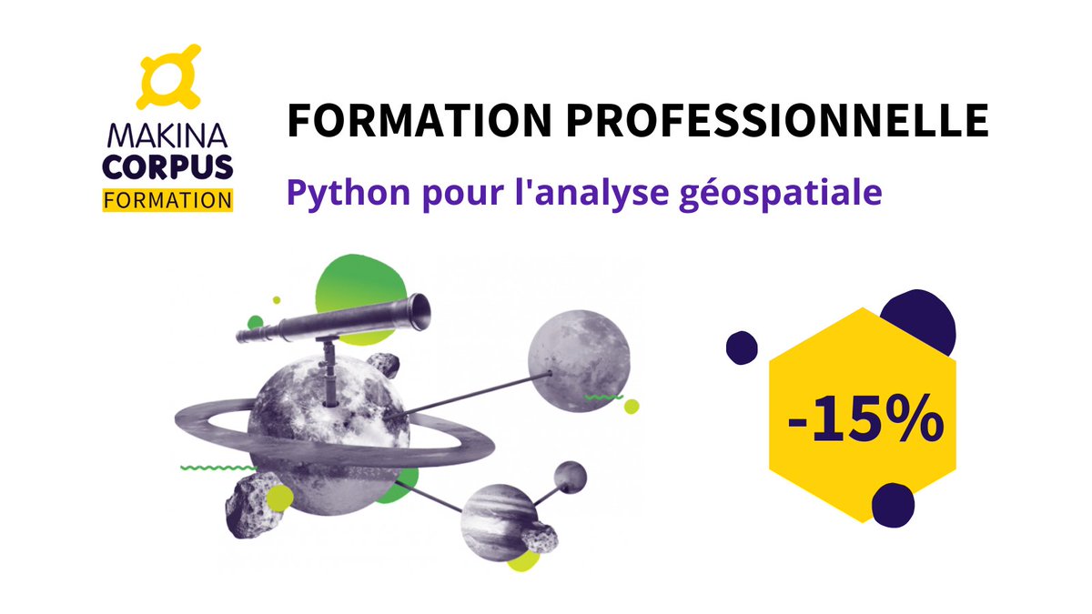 [#Formation] Bénéficiez d'une réduction de 15 % sur la formation #Python pour l'analyse géospatiale du 9 au 12 mai : makina-corpus.com/formations/sig…
Faites vite, il ne reste que 2 places ! Inscrivez-vous : makina-corpus.com/formations/tun…