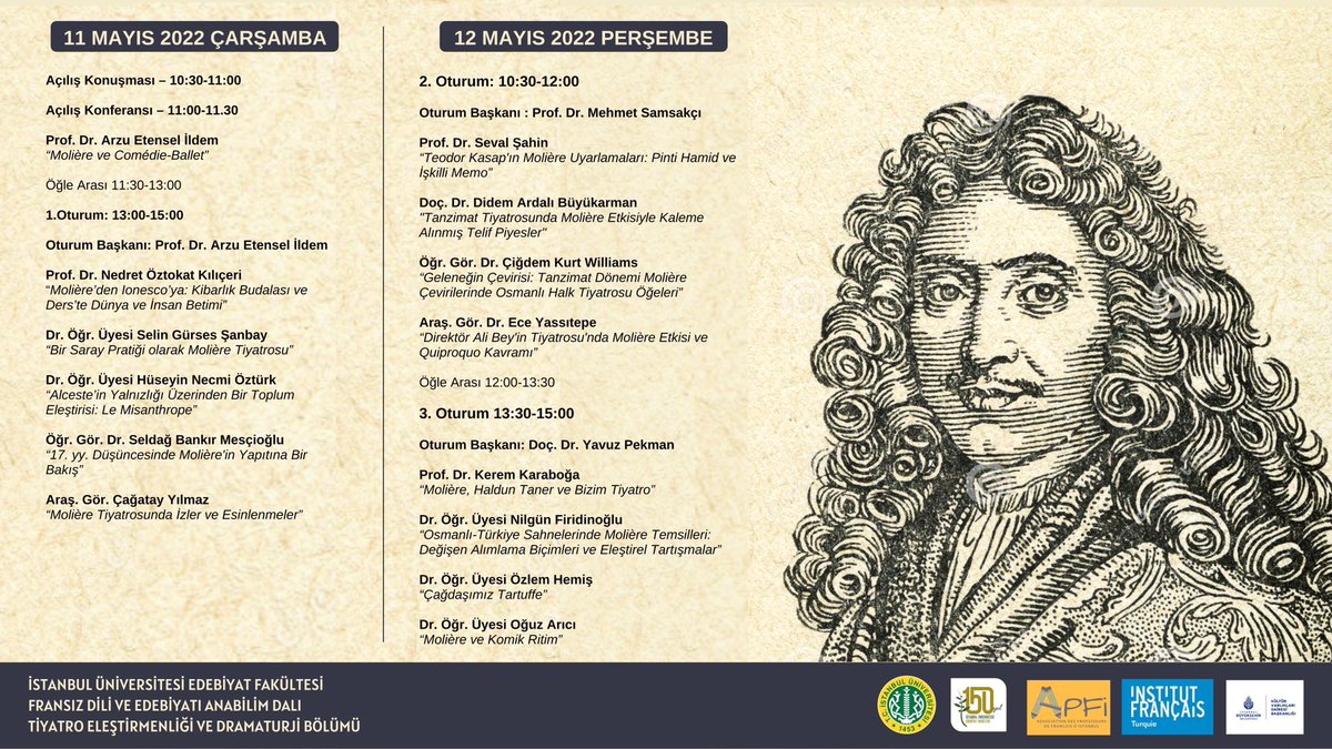 📢Bölümümüz ve Fransız Dili ve Edebiyatı Anabilim Dalı tarafından düzenlenen  “Molière 400 yaşında” sempozyumu 11-12 Mayıs 2022 tarihlerinde Edebiyat Fakültesi Kurul Odası'nda gerçekleşecek. Sempozyuma hepiniz davetlisiniz. 
#tiyatroeleştirmenliğivedramaturji #Molière400Yaşında