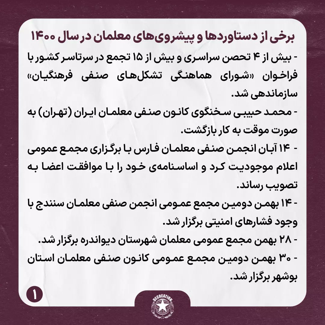 Decreation10's tweet photo. 🔸برخی از دستاوردها و پیشروی‌های طبقه کارگر در سال ۱۴۰۰

🔹اعتراضات سراسری معلمان

#آموزش_رایگان #اعتراضات_سراسری_معلمان
#شورای_هماهنگی_تشکلهای_صنفی_فرهنگیان_ایران 
#کانون_صنفی_معلمان
#جعفر_ابراهیمی #محمد_حبیبی #محمد_تقی_فلاحی #اسماعیل_عبدی ☟ https://t.co/J8Z0uZa5V8