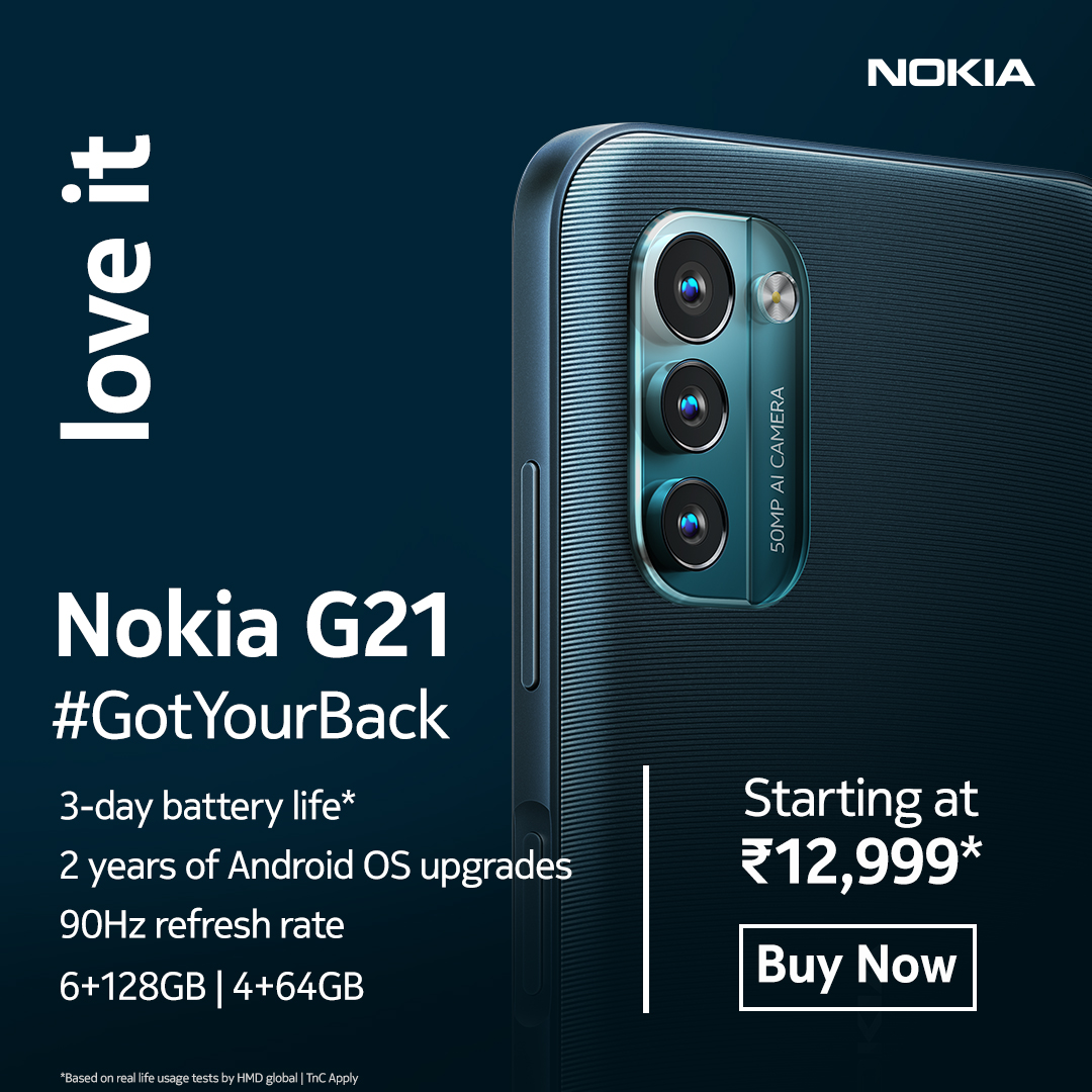 HMDdevicesIN's tweet photo. A smartphone that has #GotYourBack - the all-new #NokiaG21 is here. 
Explore unlimited with its 3-day battery, 50MP Triple AI Camera, 2 yrs of Android OS upgrades &amp; 90Hz refresh rate. Starting at ₹12,999 with great launch offers.
Buy now: https://t.co/n3h7xQVXx0
#LoveTrustKeep https://t.co/oWiWcfqB4x