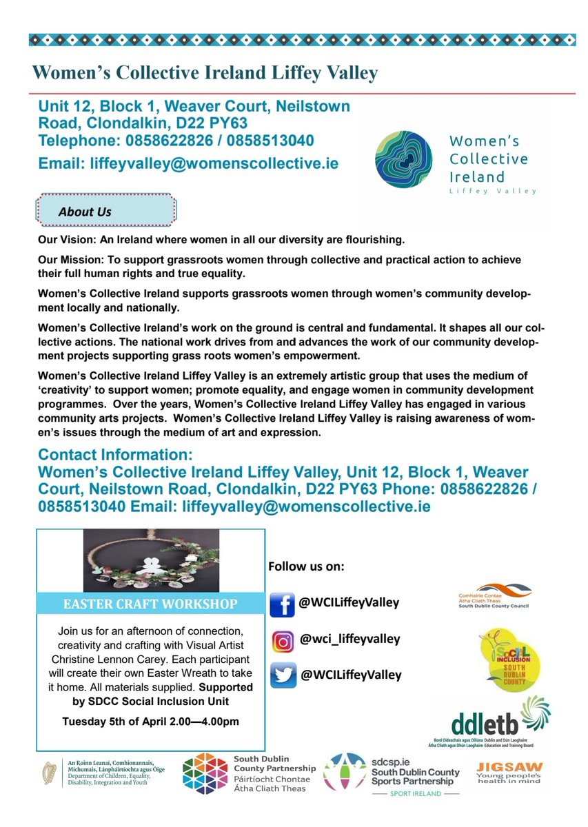 wciliffeyvalley's tweet photo. Check out our brochure of upcoming events at. These will be in person in our new centre. Places limited so contact Karen asap 085 8513040 or email devworker.liffeyvalley@womenscollective.ie ASAP to register. Hope to see you soon.RT
#wciliffeyvalley #clondalkin #eventsforwomen https://t.co/IWPwRNi8oq