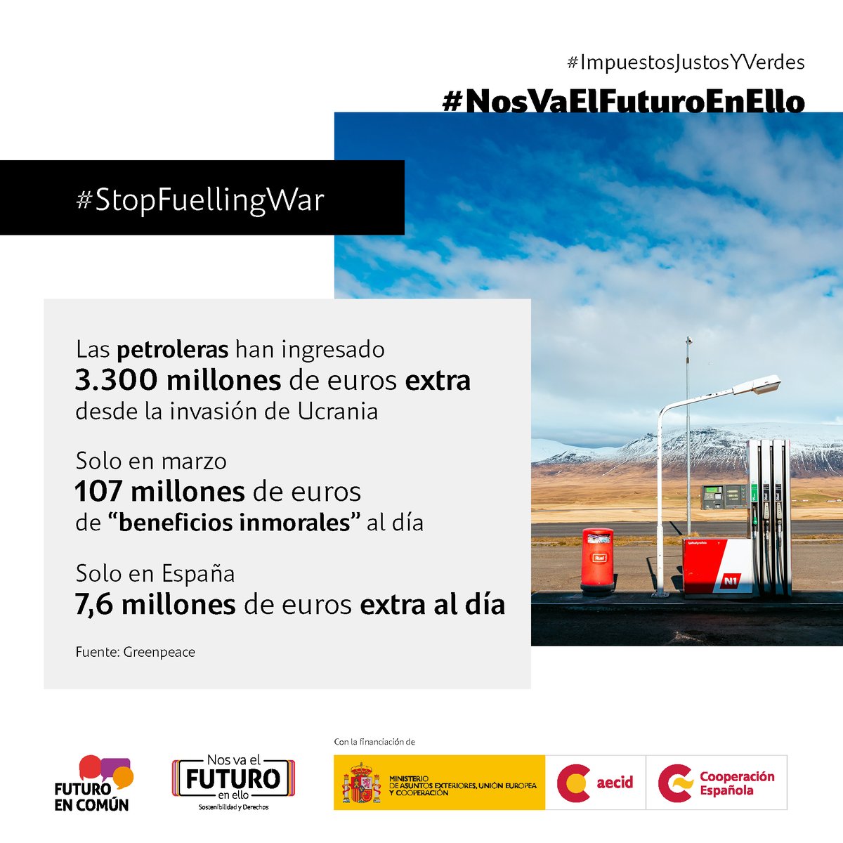 Pongamos fin a un sistema económico que depende de los combustibles fósiles que destruye el planeta y alimenta guerras. #ImpuestosJustosYVerdes a los beneficios obscenos #NosVaElFuturoEnEllo

@FuturoEnComun