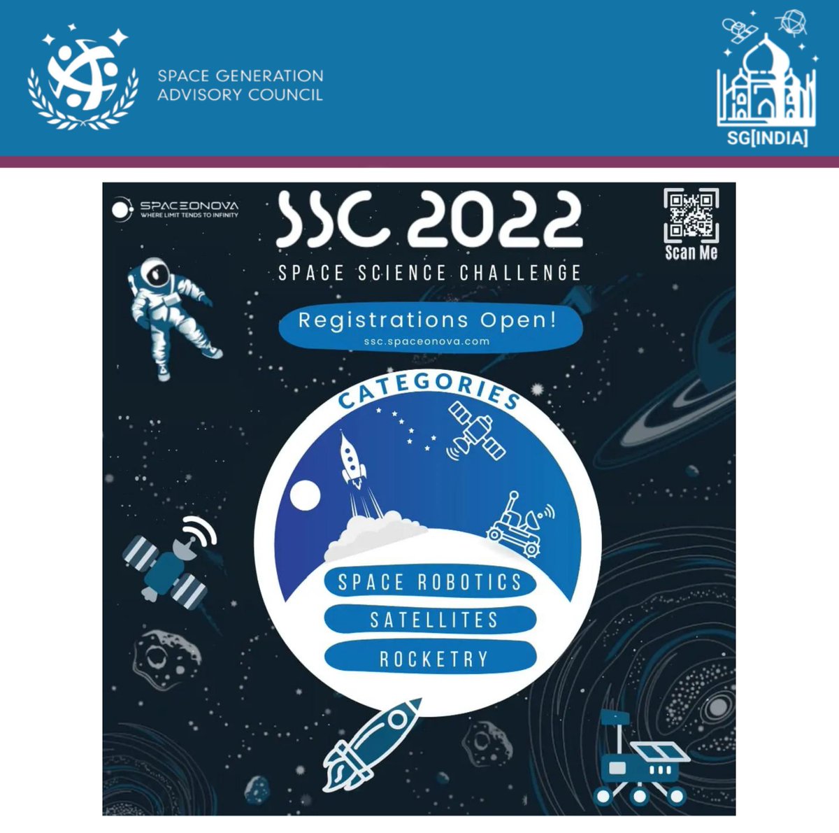 SGAC's tweet photo. SG[India] thanks our Knowledge Partner @spaceonova who generously supported our event. Participate in their interdisciplinary space activities such as the Mars Analogue Expedition and the Space Science Challenge. Check out their website for more details https://t.co/Cg6hmO8G1M https://t.co/6O4gcgF3Da