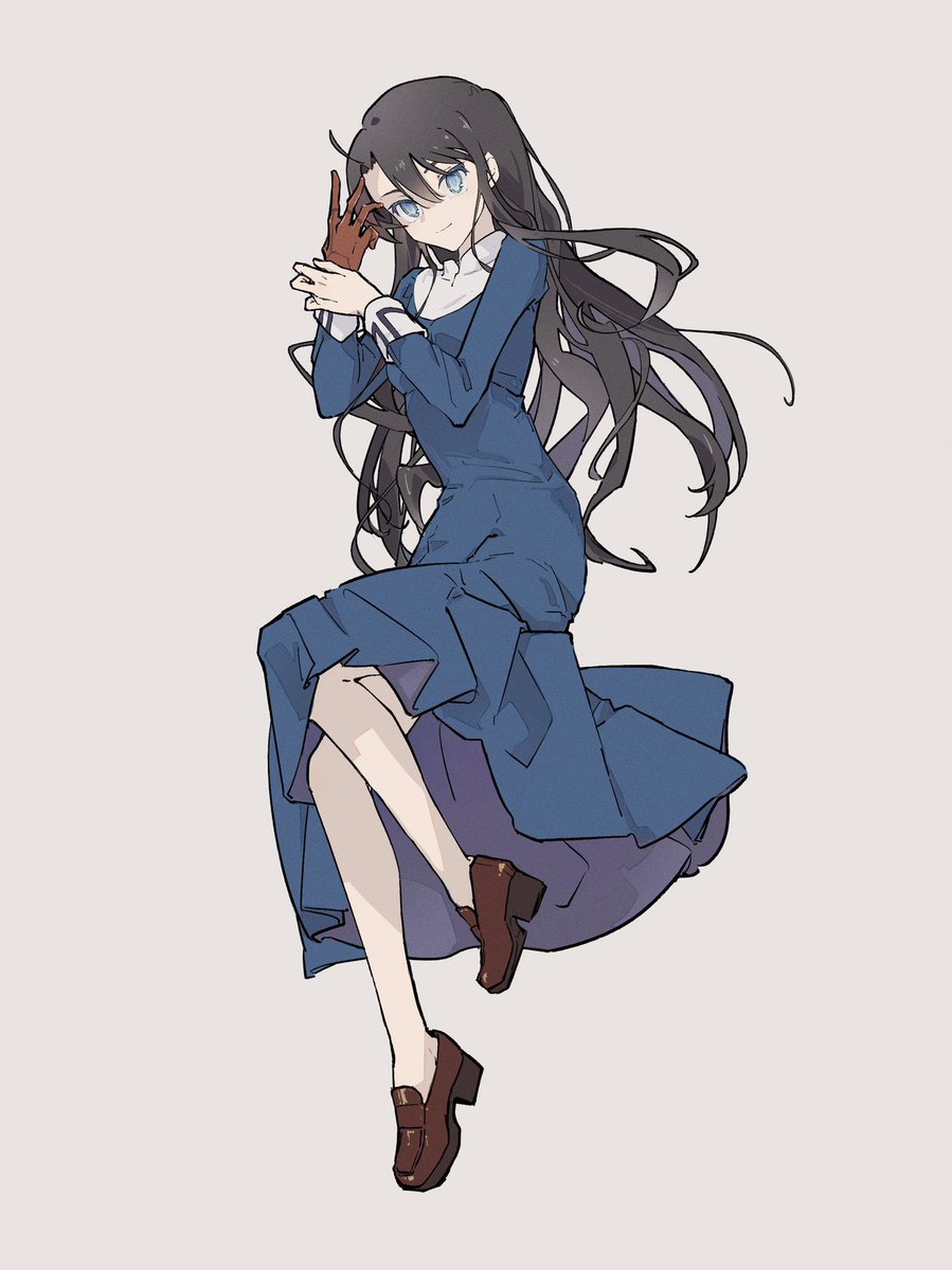 1girl long hair solo dress blue eyes black hair blue dress  illustration images