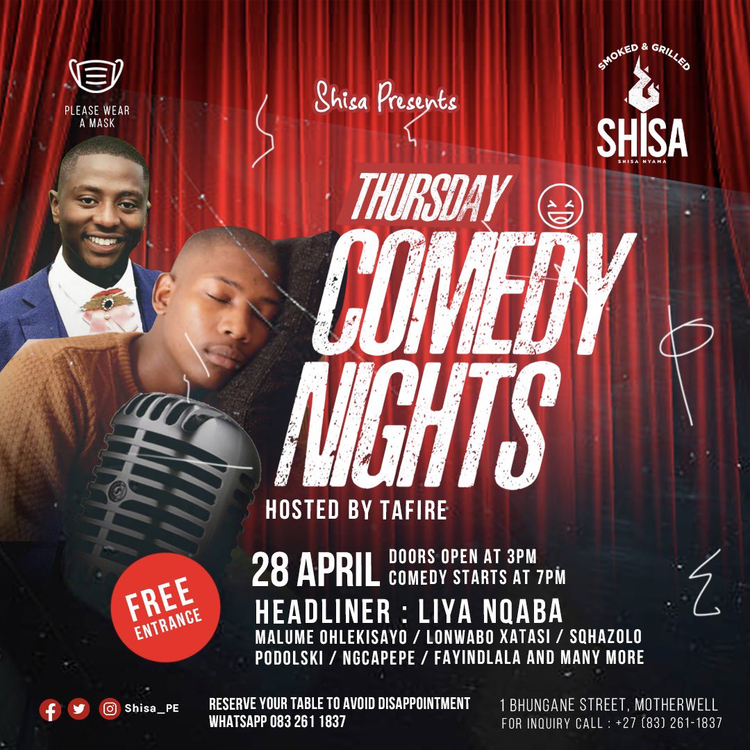 Ibuyile by popular demand! 😂🔥😂

Bringing you the second installment of Shisa Comedy Nights hosted by #TaFire and headlined by <a href="/liyanqaba/">Liya</a> THIS THURSDAY from 7pm. 

FREE ENTRY! 

#SHISA🔥