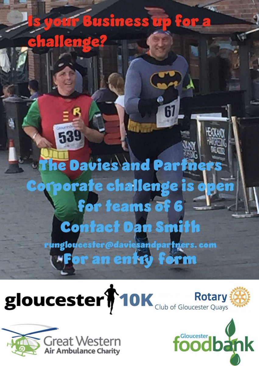 Is your  Business up for a #BusinessChallenge 
Why not enter the <a href="/Gloucester10k1/">Gloucester10k</a>  <a href="/DandPGloucester/">Davies and Partners Solicitors</a> challenge?
Email rungloucester@daviesandpartners.com for details 
#Gloucester 
#business 
#charities