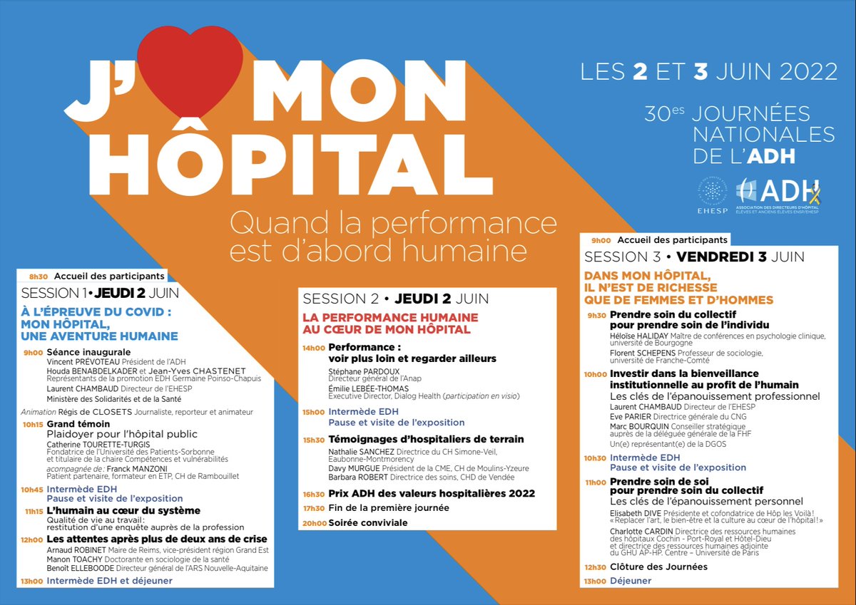 L_Adh's tweet image. 🚨🔜30es JOURNÉES NATIONALES de @L_Adh

🏥IL EST ENCORE TEMPS DE VOUS INSCRIRE !🗓️les 2 et 3 juin 2022 au Parc Floral de Paris : J’❤️MON HÔPITAL                 

#PerformanceHumaine #JaimeMonHôpital

📁PROGRAMME DÉTAILLÉ / INSCRIPTION: adh-asso.org/2022/04/21/les…