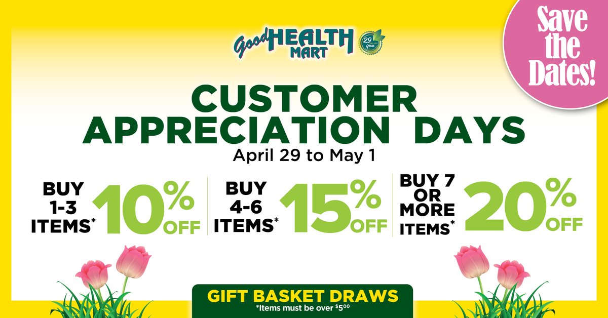 GoodHealthMartG's tweet image. We are delighted to invite you to Milton's Customer Appreciation Days where you can Save up to 20% with our Buy More - Save More Sale.
April 29 - May 1
We look forward to seeing you! 
Hope you can share this post with your friends!