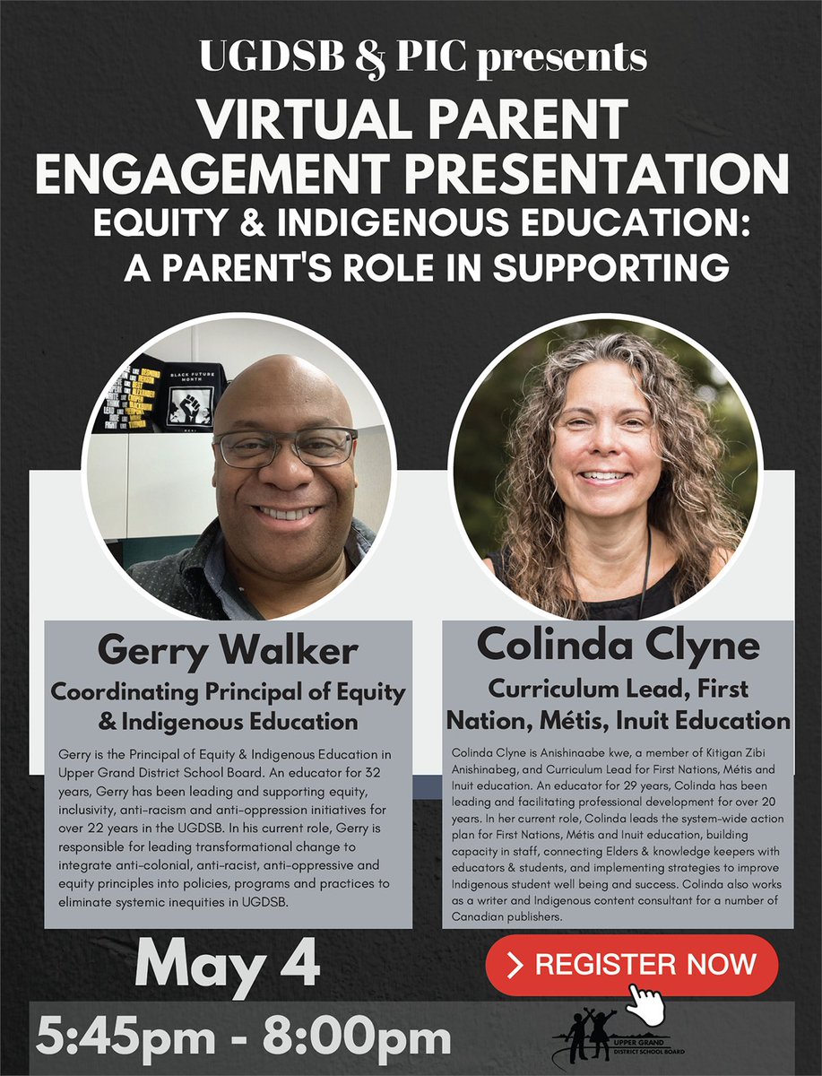 The Upper Grand District School Board and the Parent Involvement Committee present ‘A Parent’s Role in Supporting Equity and Indigenous Education’ – a virtual presentation. You can learn more and register here: ow.ly/Mwbt50IHIut.