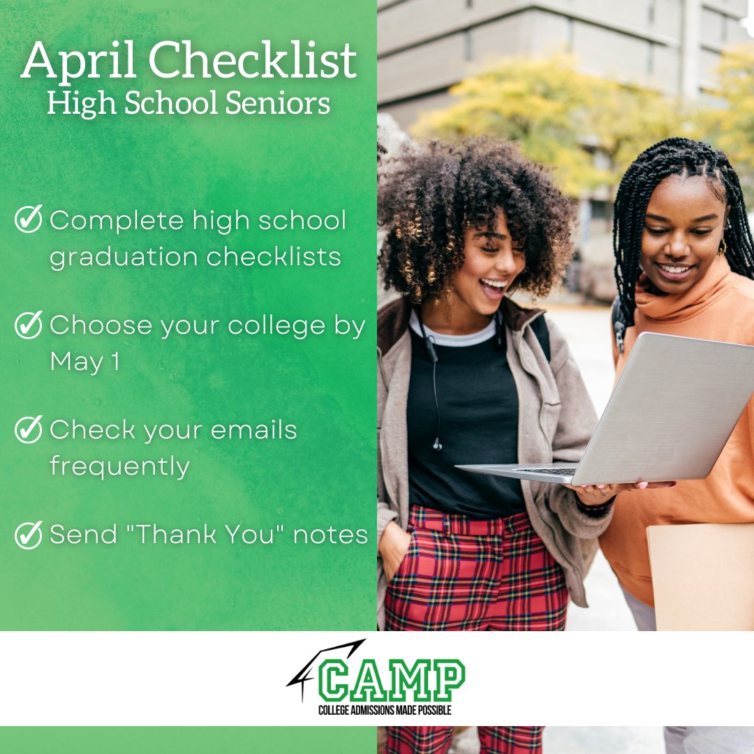 CAMPCollegeAL's tweet photo. CAMP's April 2022 Checklist for High School Seniors. Does your student still need assistance with college admissions? Email CAMP, contact@campcollege.org. We're here to help! #Classof2022 #collegeadmissions #graduation #highschool #collegeprep #collegereadiness https://t.co/JAvrnOV9tE