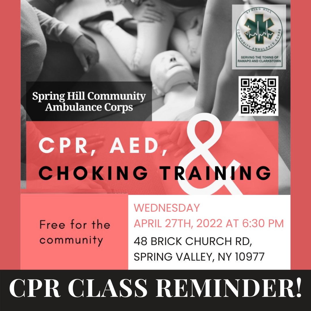 Be sure to attend this FREE CPR, AED, and choking training on April 27th at 6:30pm!
 
Scan the QR code, or visit forms.gle/Ciwwe84iEH3aii… to register today. ✅
 
#CPR #AED #Choking #FreeCourse #SpringHill