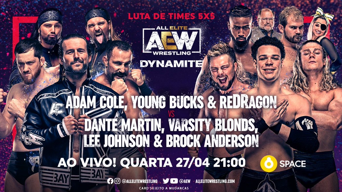 AEWBrazil's tweet photo. E amanhã é dia de #AewDynamite e esse combate incrível está marcado! #UndisputedElite enfrenta o time de novatos que vem fazendo estrago #VarsityBlonds ⁦@lucha_angel1⁩ ⁦@BigShottyLee⁩ e ⁦@BAndersonAEW⁩ 

Acompanhe amanhã AO VIVO! as 21:00 no ⁦@spacebrasil⁩ https://t.co/EPzk63XPcf