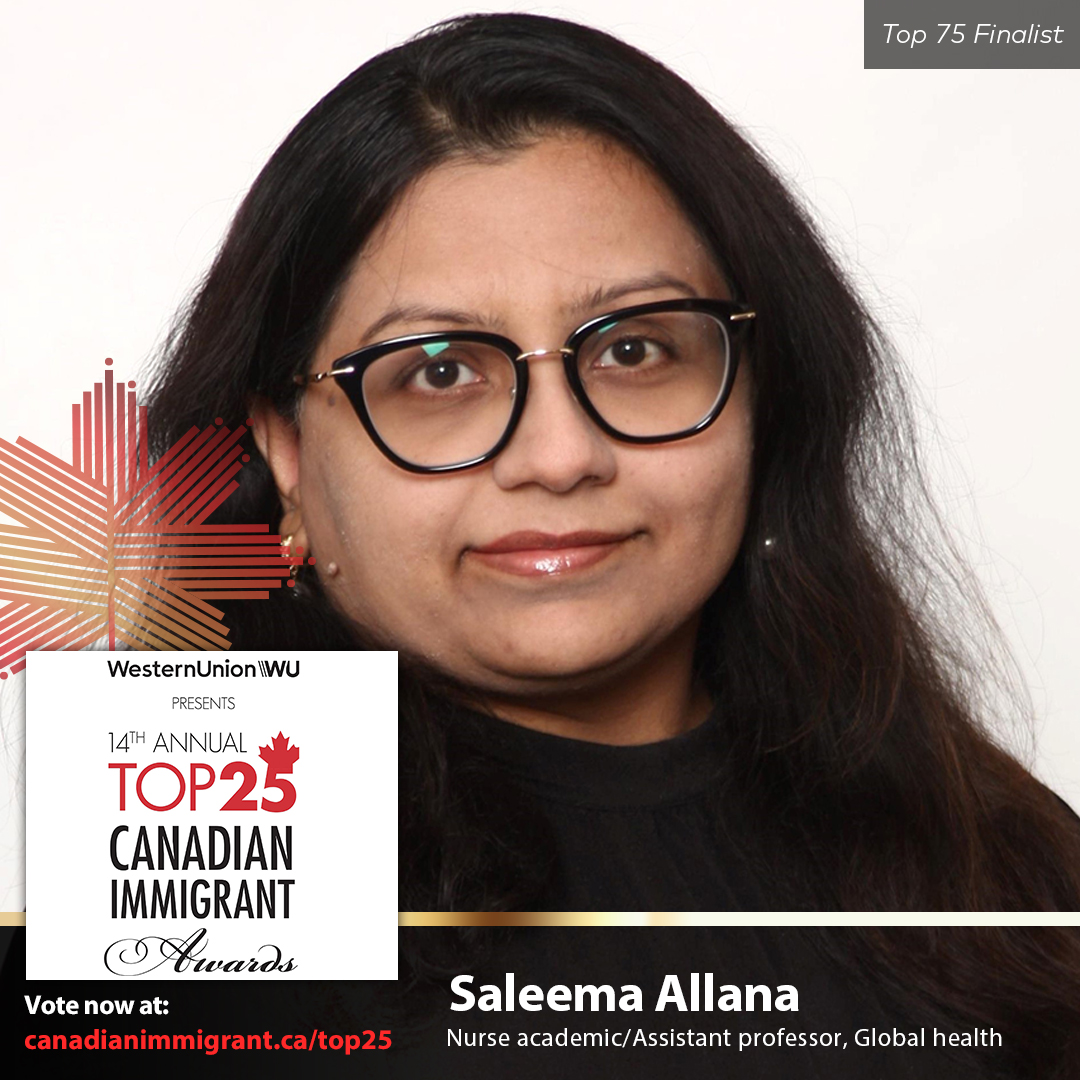 Congratulations to @AllanaSaleema, who is in the running for the Top 25 Canadian Immigrant Awards 2022! Vote for Saleema between now and June 10th, 2020, and your vote can help her reach the list of Top 25 Immigrants! #NursesWhoLead #UAlberta ow.ly/YQrV50IQ83O