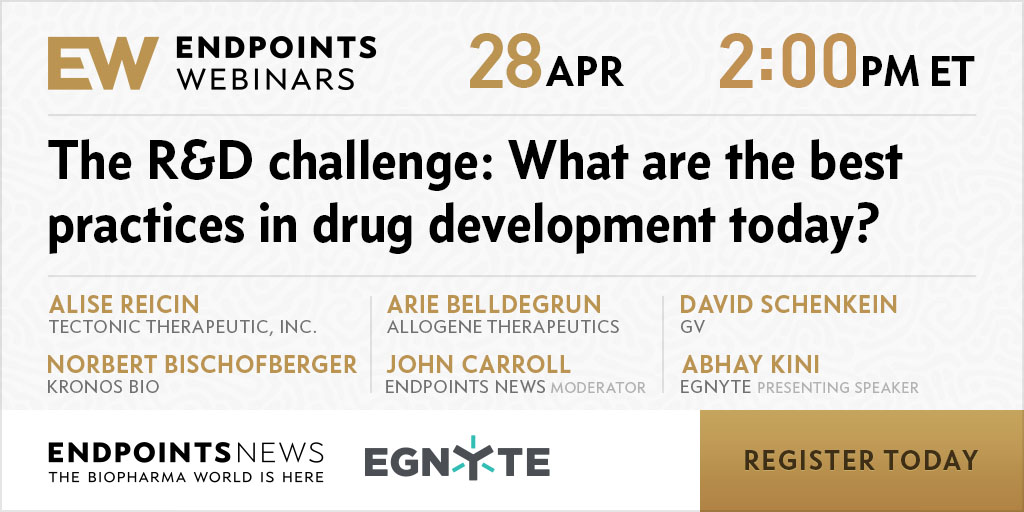 Catch our CEO Alise Reicin, MD at the Endpoints News roundtable discussion about best practices in drug development this Thursday, April 28 at 2:00pm ET. You can register here: webinars.endpts.com/the-rd-challen…