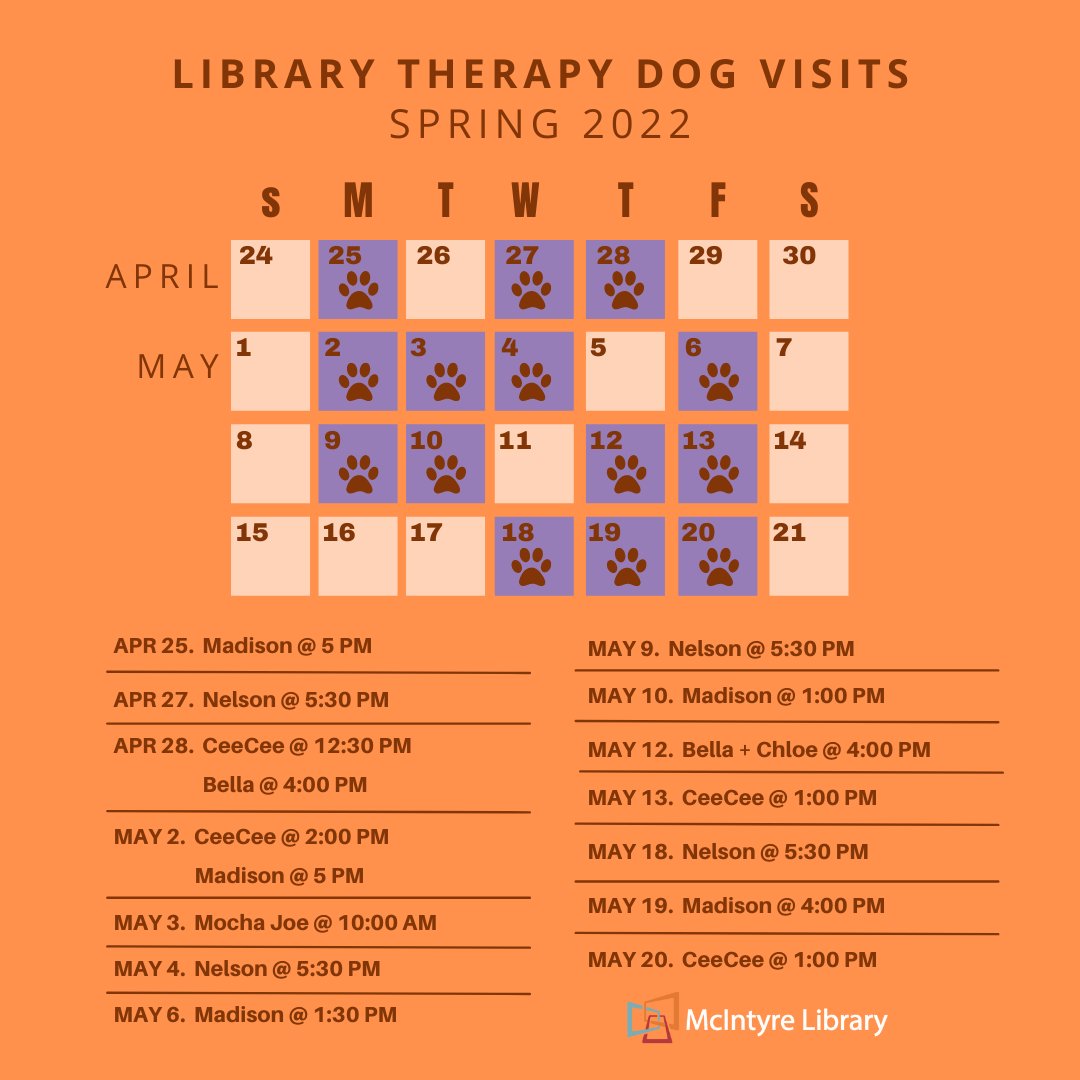 uwec_library's tweet image. 🐾 McIntyre Library Therapy Dogs are here to relieve your end-of-semester stress!

Visits will be hosted over the next 4 weeks on the library&apos;s 1st floor next to the main desk. All current #UWEC students, staff, and faculty are welcome to attend.