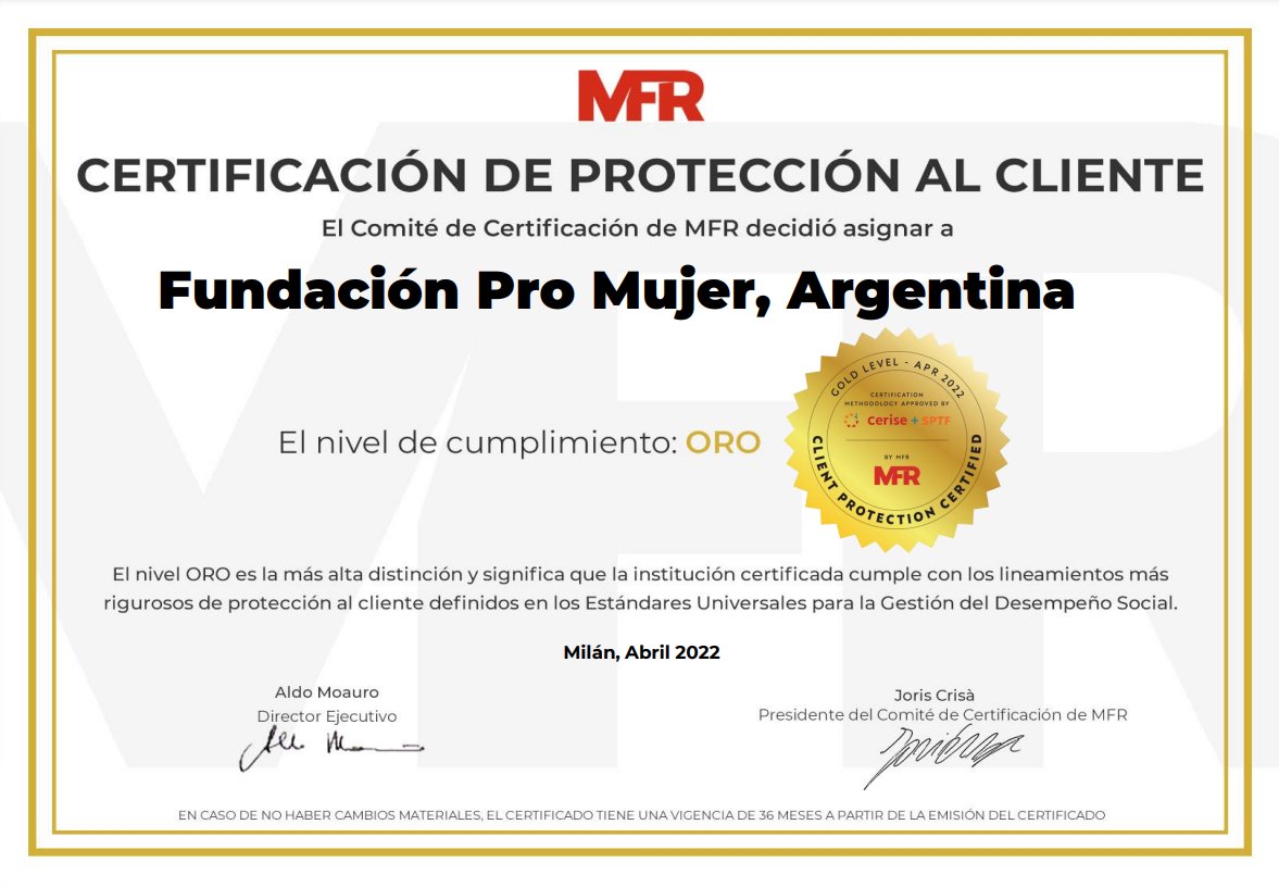 👏 Congrats to Fundación <a href="/promujer/">Pro Mujer</a> #Argentina who obtains the #ClientProtection Certification under the new methodology approved by @SPTaskForce - <a href="/CeriseSPM/">CERISE</a>. Pro Mujer reached the Gold level of achievement, the highest level of recognition 
#inclusivefinance #goodjob #clientcare