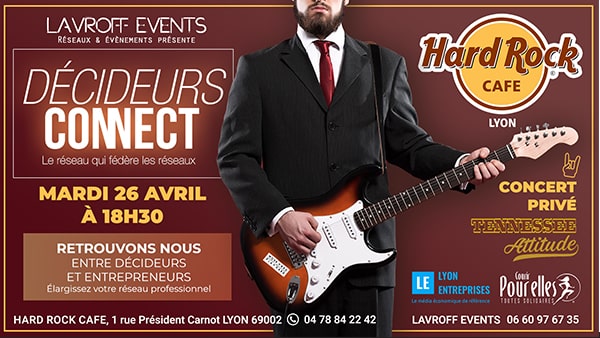 RDV ce soir à 18h30 au <a href="/HardRock/">Hard Rock Cafe</a> de Lyon, pour notre événement de partage entre #entrepreneurs et de conseils en stratégie !
Une vraie synergie pro et l'occasion de s'inscrire pour nos retrouvailles !🚀