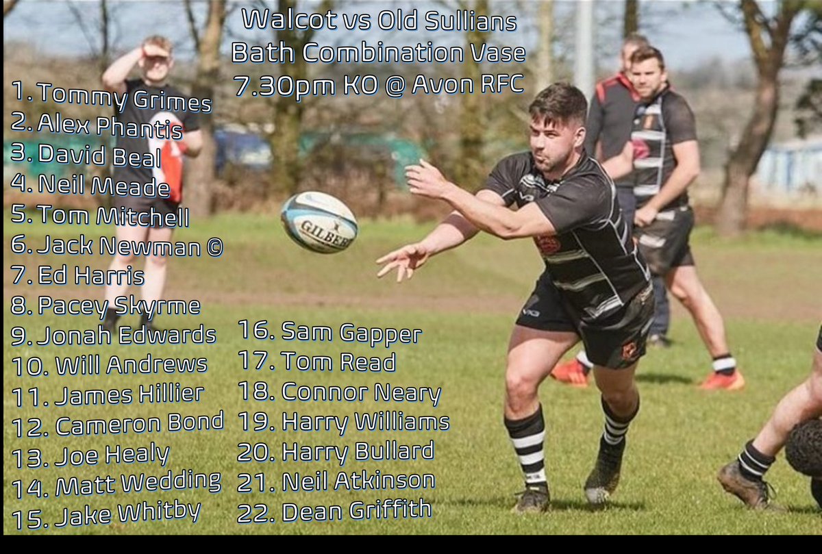 Walcot Rugby (@walcotrugby) on Twitter photo Tomorrow night we take on our neighbours @oldsulians on neutral territory down at <a href="/AvonRFC/">Avon Rugby Club</a> in the Semi-Final of the Bath Combination Vase.
Here's how Walcot lines up. See you at 7.30pm tomorrow ⚪⚫
#upthewal Tomorrow night we take on our neighbours @oldsulians on neutral territory down at <a href="/AvonRFC/">Avon Rugby Club</a> in the Semi-Final of the Bath Combination Vase.
Here's how Walcot lines up. See you at 7.30pm tomorrow ⚪⚫
#upthewal