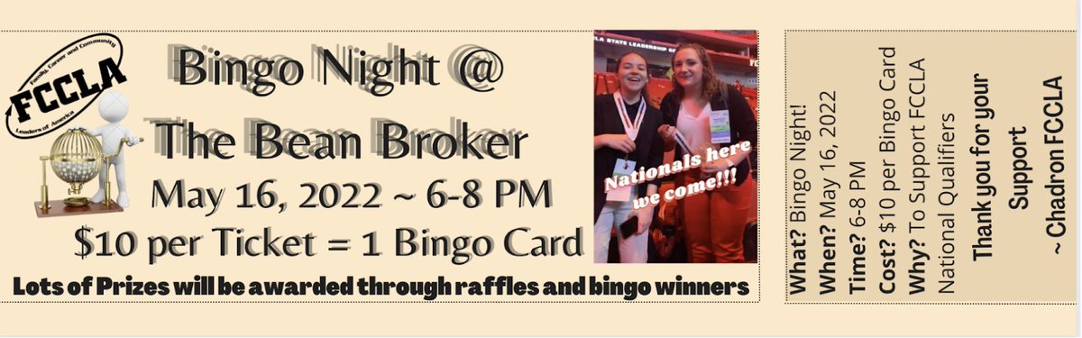 BBudler's tweet photo. Fundraising time to help get two of Chadron High Schools' best to FCCLA nationals in San Diego - If you are interested in purchasing one of these tickets for a great night of fun and bingo or would like to make a donation - please personal message me 🙂 Thanks for your help! https://t.co/zOvQGrqGlm
