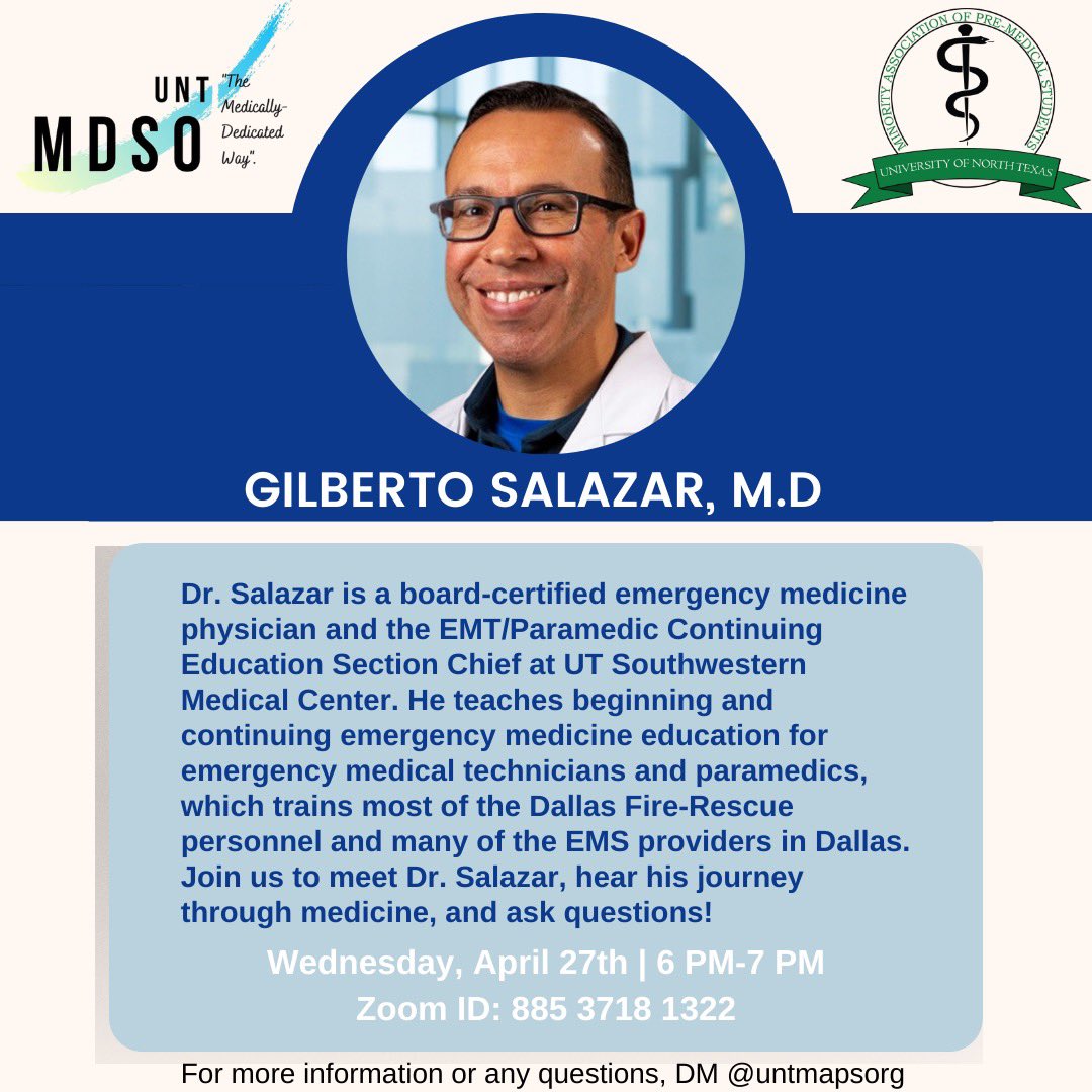untmapsorg's tweet image. Dr. Gilberto Salar is a board-certified emergency medicine physician and educator at UT Southwestern Medical Center. He will be joining us to share his experiences in medicine and answer your questions. We can't wait to see everyone tomorrow on Zoom!