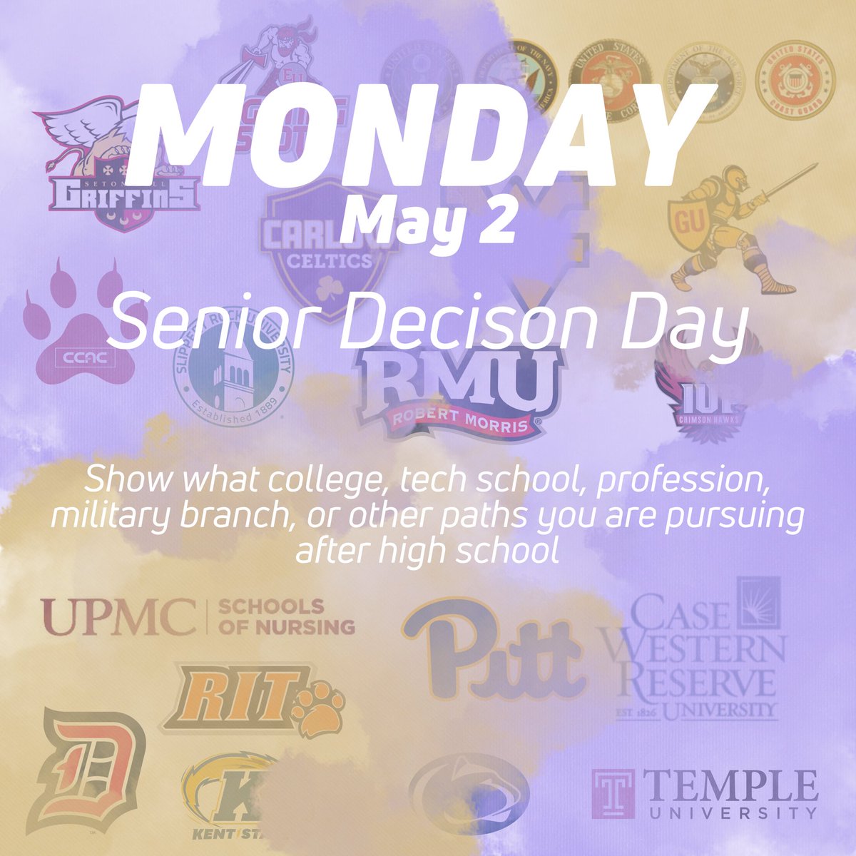 ATTENTION SENIORS! 

Next Monday show off your plans for next year for Senior Decision Day! 

<a href="/plumboroughsd/">Plum Borough SD</a> <a href="/PlumTeachers/">Plum Teachers</a> <a href="/phs_counselors_/">PHS_School Counseling</a> @pbsdsupt <a href="/DrSzarmach/">Adam Szarmach, Ed.D</a>