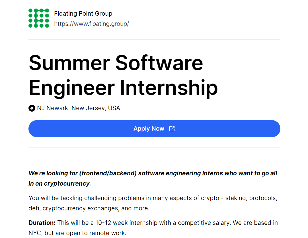 web3internships's tweet image. Summer Software Engineer Internship
@fpgcrypto
🌍NJ Newark, New Jersey, USA
👉web3internships.com/info/summer-so…
#web3 #internship