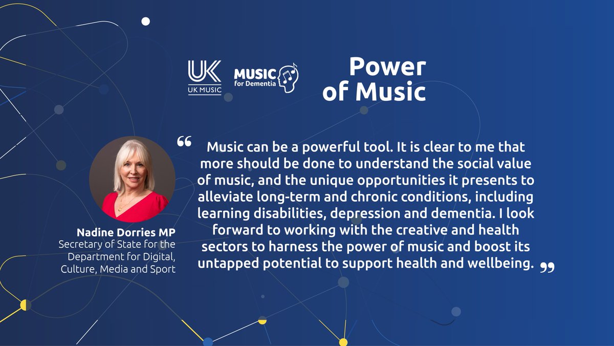 From the first #PowerofMusic meeting last year to the publication of the report last week, <a href="/NadineDorries/">Rt Hon Nadine Dorries</a> has been very supportive of this project and we're delighted she wrote the introduction. 

Read it here 👉 musicfordementia.org.uk

#wellbeing #mentalhealth #musicfordementia