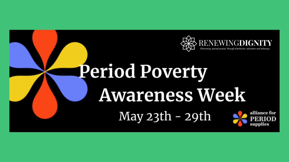 Join us and <a href="/periodsupplies/">Alliance for Period Supplies</a> next month for Period Poverty Awareness Week (PPAW) May 23-29th to help #endperiodpoverty in our community by donating period supplies to support those in need!

Learn more: renewingdignity.org/ppaw  

#PPAW #periodequity #AllianceForPeriodSupplies