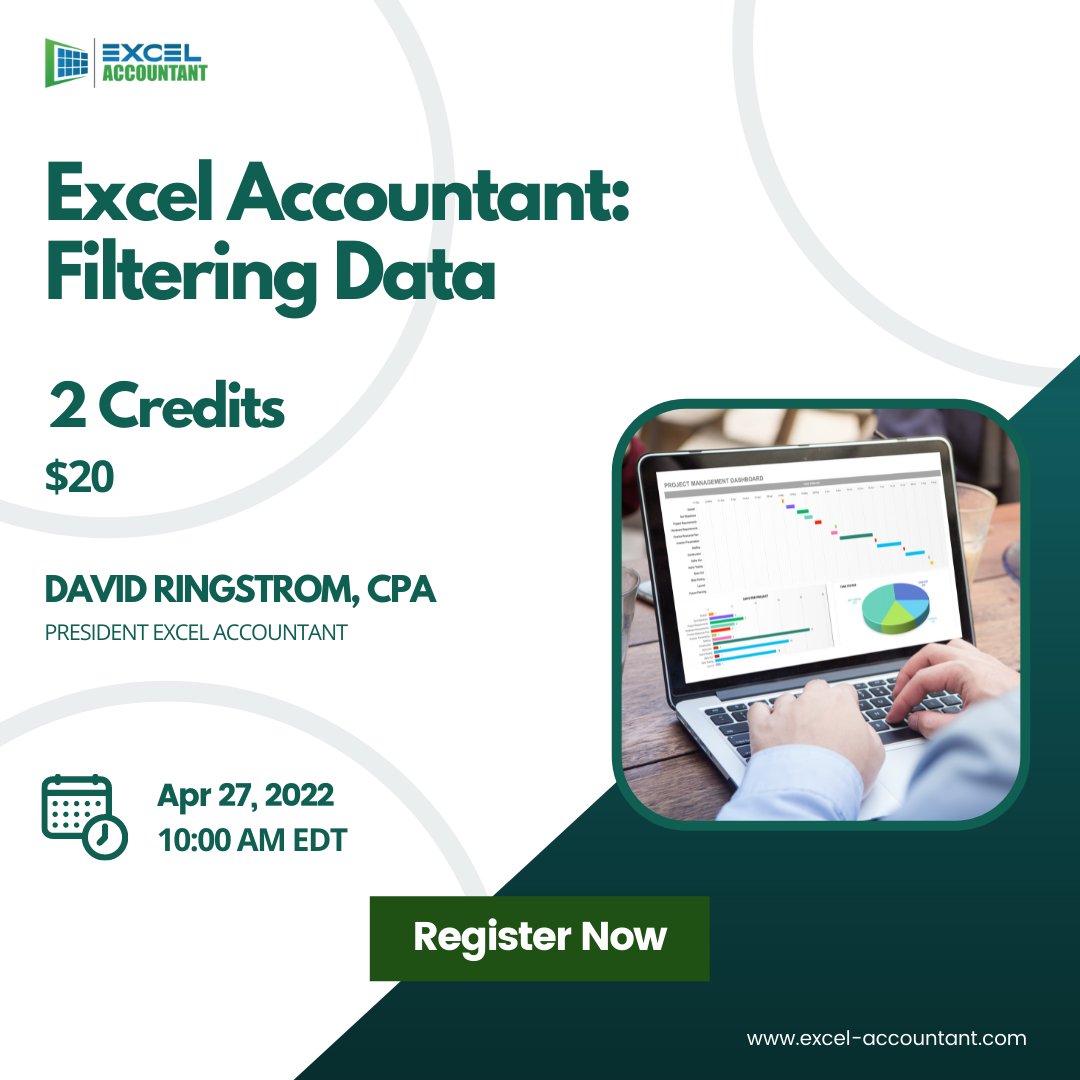 excel_account's tweet image. "Excel Accountant: Filtering Data", this insightful webinar by David Ringstrom will come live on Apr 27.
Book your seat: bit.ly/3ivjbQU
#filteringdata #filterdata #excelspreadsheets #exceltips #exceltricks #excelshortcuts #continuingeducationcourses
