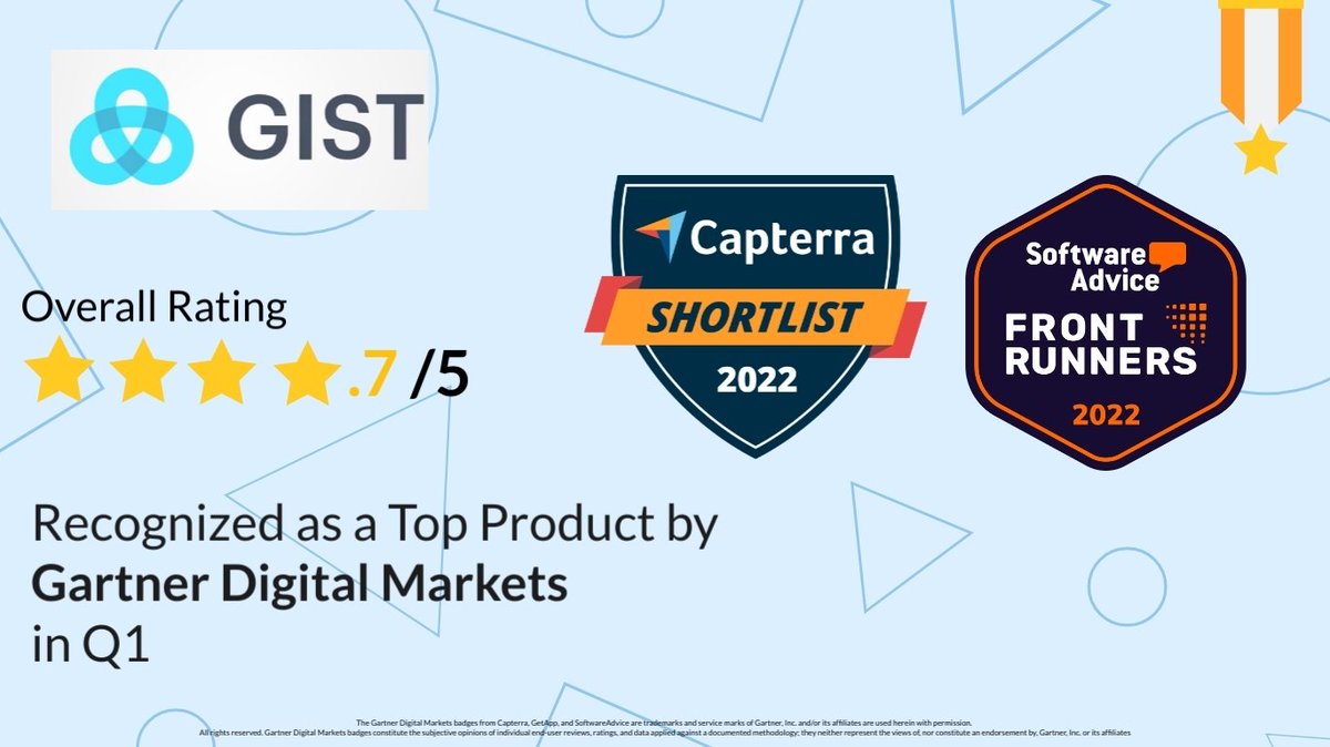 gistplatform's tweet image. Proud to announce Gist&apos;s incredible award-winning streak in the first quarter from Gartner Digital Markets (@Capterra, @SoftwareAdvice , and @GetApp)! Our product got recognized in multiple reports across all Gartner Digital Markets brands for various categories.