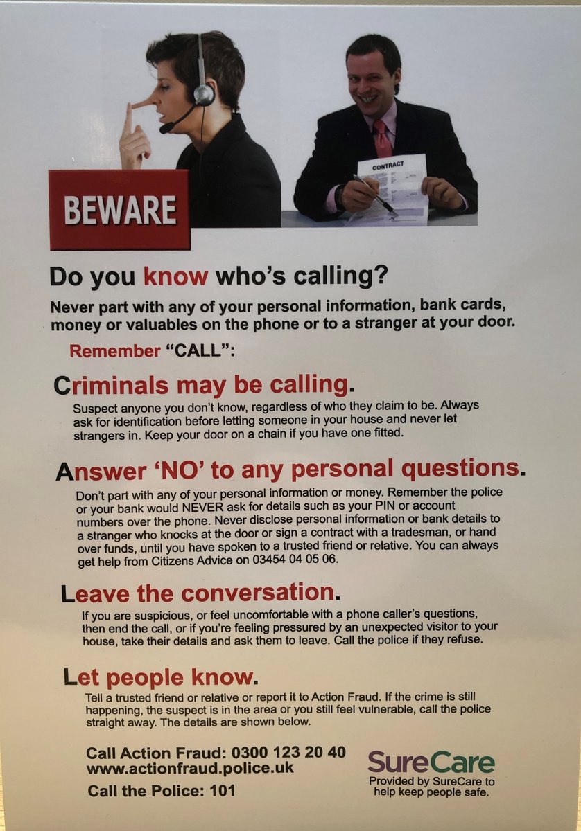 SureCareShrop's tweet photo. As scam calls appear to be on the increase we are issuing scam prevention cards designed by our lovely Director Chris once again to the individuals we support 
#scam #prevention #safeguarding #outstanding #teamwork #shropshire https://t.co/9bluWN3wPx