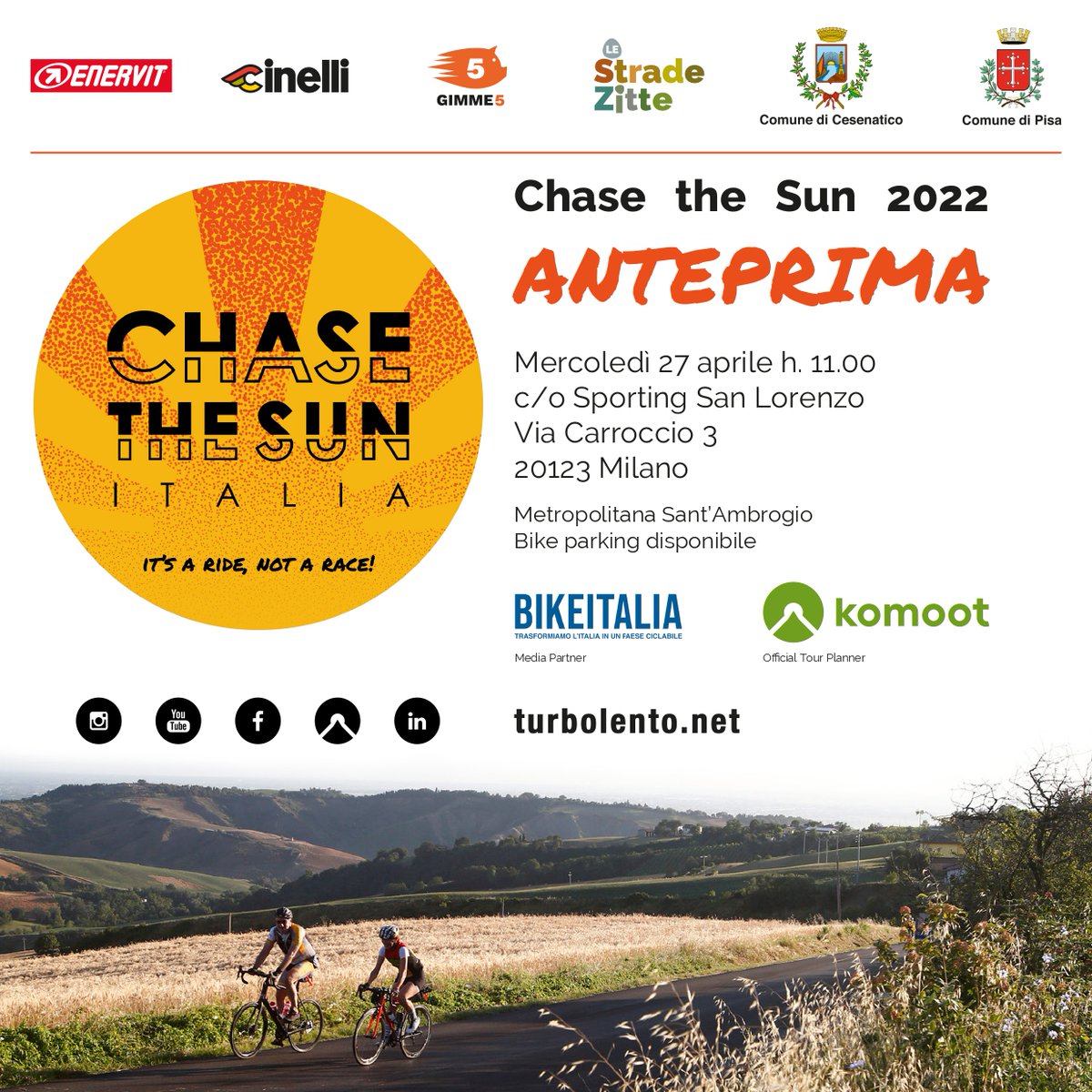 Domani si terrà la presentazione della #ChasetheSunCycle 2022, percorso ciclistico con valico appenninico da costa a costa, inseguendo il sole🚴 #Gimme5 da anni sostiene il progetto #LeStradeZitte di @Turbolento_Club: bit.ly/3OFaYsc #app #fintech #ciclismo #italia #sport