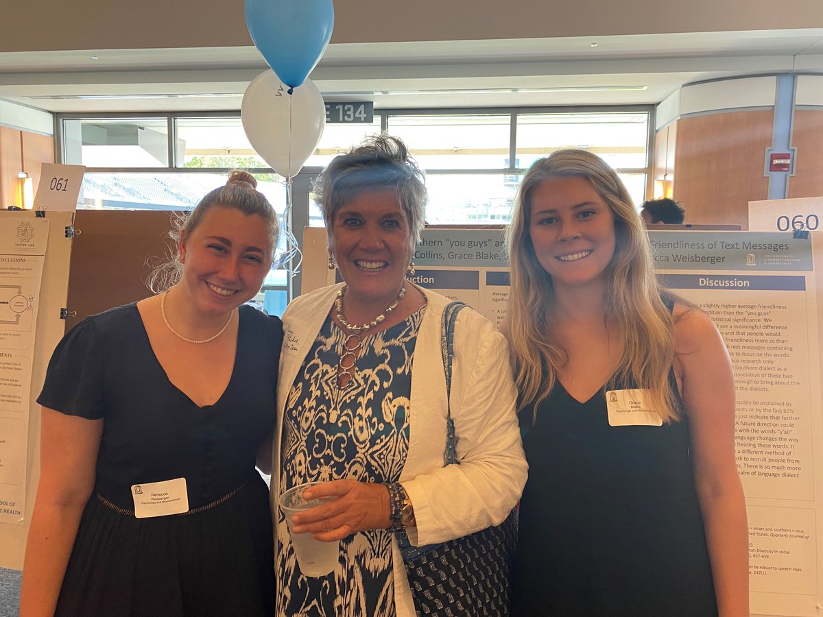 Wonderful to see the Blue Zone packed with students participating in the 2022 Celebration of Undergraduate Research yesterday. Grace Blake and Rebecca Weisberger explained their research on “y’all” vs “you guys” in text messages, conducted for Jennifer Arnold’s PSYC 438 class.