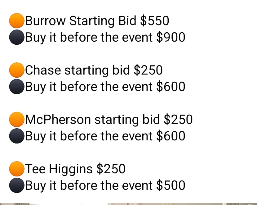 AyersFootball's tweet photo. Check out some of our silent auction items for the first ever Ray Ayers Memorial Golf outing!
🔥Our hot items are these 3 Autographed Framed Photos. 
🧡🐯🖤
Joe Burrow, Ja'Marr Chase,  Evan McPherson &amp; Tee Higgins https://t.co/vyPCPhehha