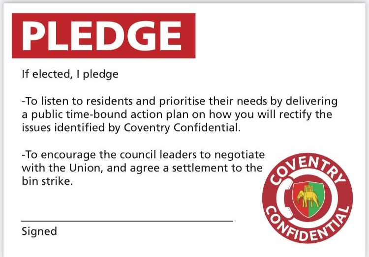 CovConfidential's tweet photo. All election candidates are being asked to sign the below pledge as a commitment to resolving some issues in and around the City of #Coventry. #Election2022 
If they knock on your door, ask them to sign! We need actions, not just words! https://t.co/3oaOTCWi8x