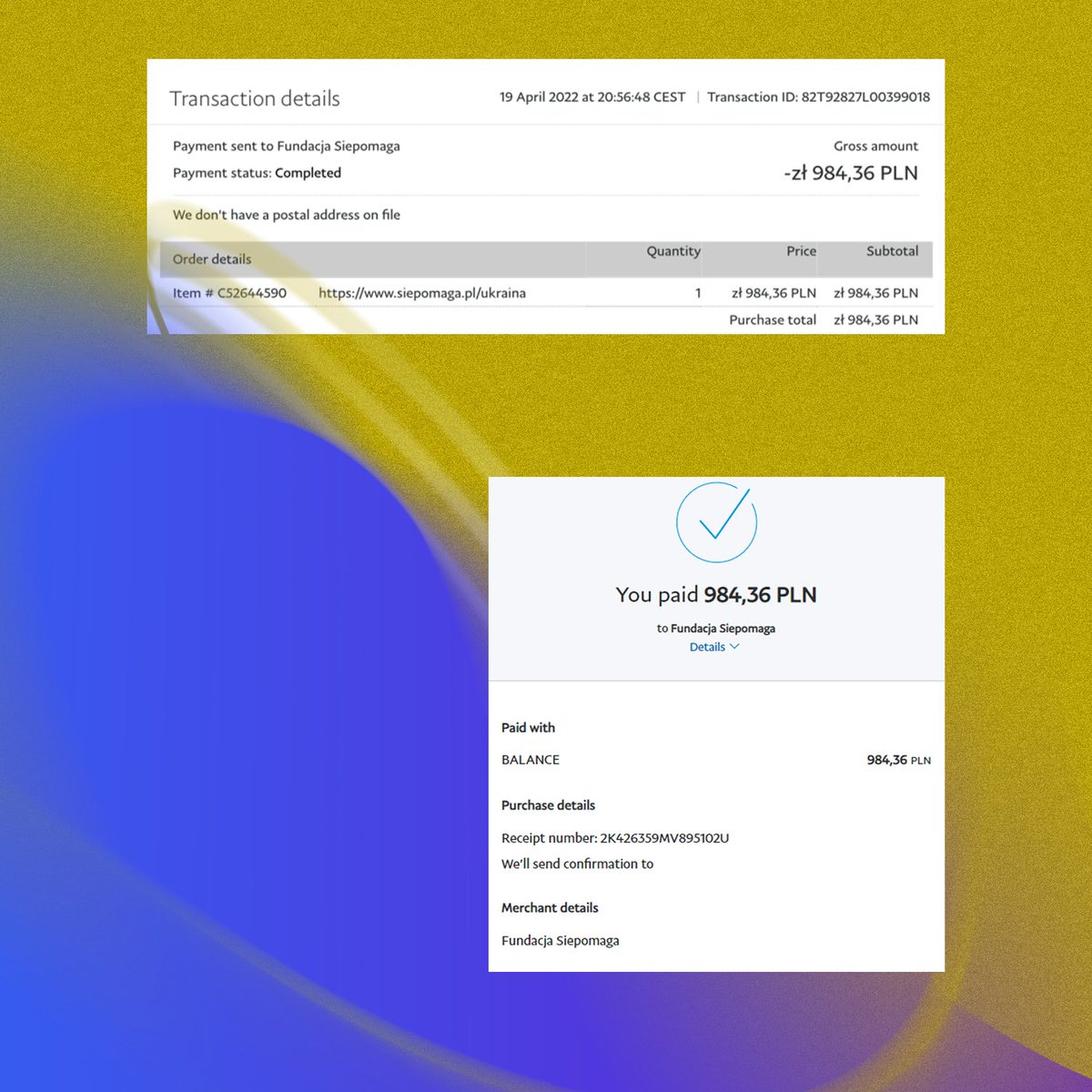 ⭐️Dear Readers⭐️
We're coming with our last post but with incredibly good news!
Thanks to you all we were able to gather 238$ (984,36PLN) and donate this amount to the official fundraising to support Ukraine 🇺🇦 
Thank you so much for making this donation possible 💜