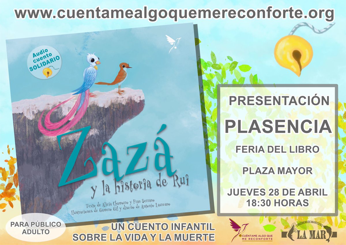 CAQMReconforte's tweet photo. 'Zazá y la historia de Rui'.
El jueves 28 de abril a las 18h30 en la Feria del libro de Plasencia.
Nuestro audiocuento ilustrado habla sobre la vida y la muerte infantil. Para acompañar y dignificar que han vivido. Hagamos los cuidados paliativos pediátricos visibles.
#CAQMR https://t.co/Y8jk3j6bzm