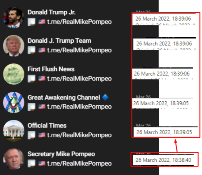 PunchyMr's tweet photo. #MAGA and #QAnonCult are so inextricably intertwined I can't believe MAGA can't see how they're being manipulated in real-time. Trump/MAGA/Q chans on Telegram are posting the same exact content simultaneously via #bot s. Pompeo, DJT, DTJr, Flynn chans https://t.co/iaCPtpAcsp