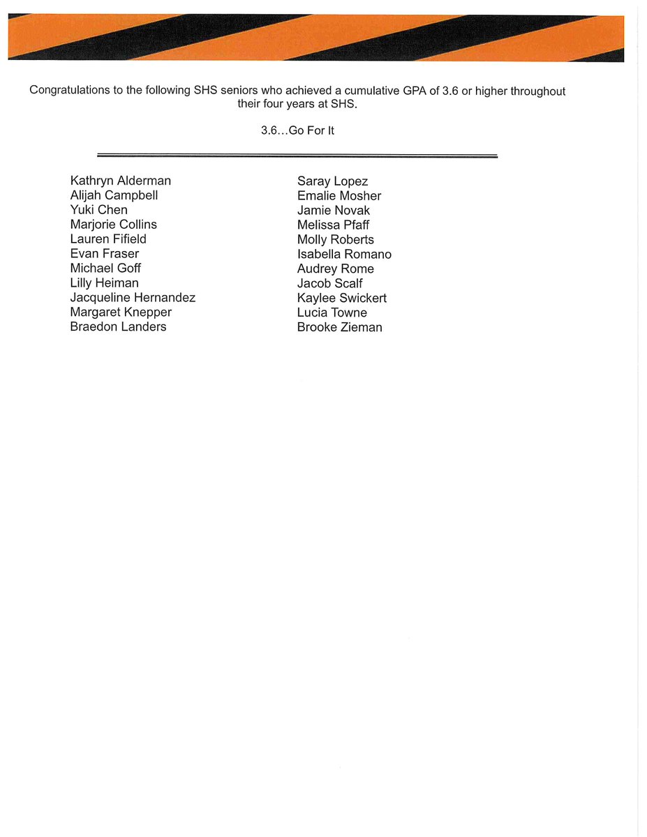 Congratulations to the following seniors who achieved a cumulative GPA of 3.6 or higher throughout their four years at SHS: