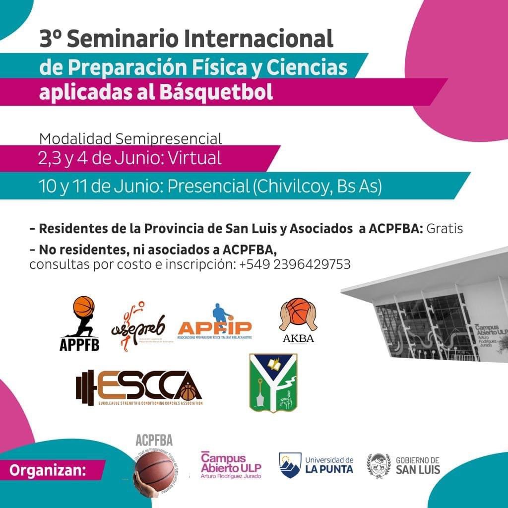 Se encuentra abierta la inscripción al 3° SEMINARIO INTERNAC DE PREP FÍSICA Y CIENCIAS APLICADAS AL BÁSQUETBOL que organiza la ACPFBA junto al Campus Abierto ULP "Arturo Rodríguez Jurado" y la colaboración de la Municipalidad de Chivilcoy y el Dip. Pcial. Fabio Gustavo Britos.